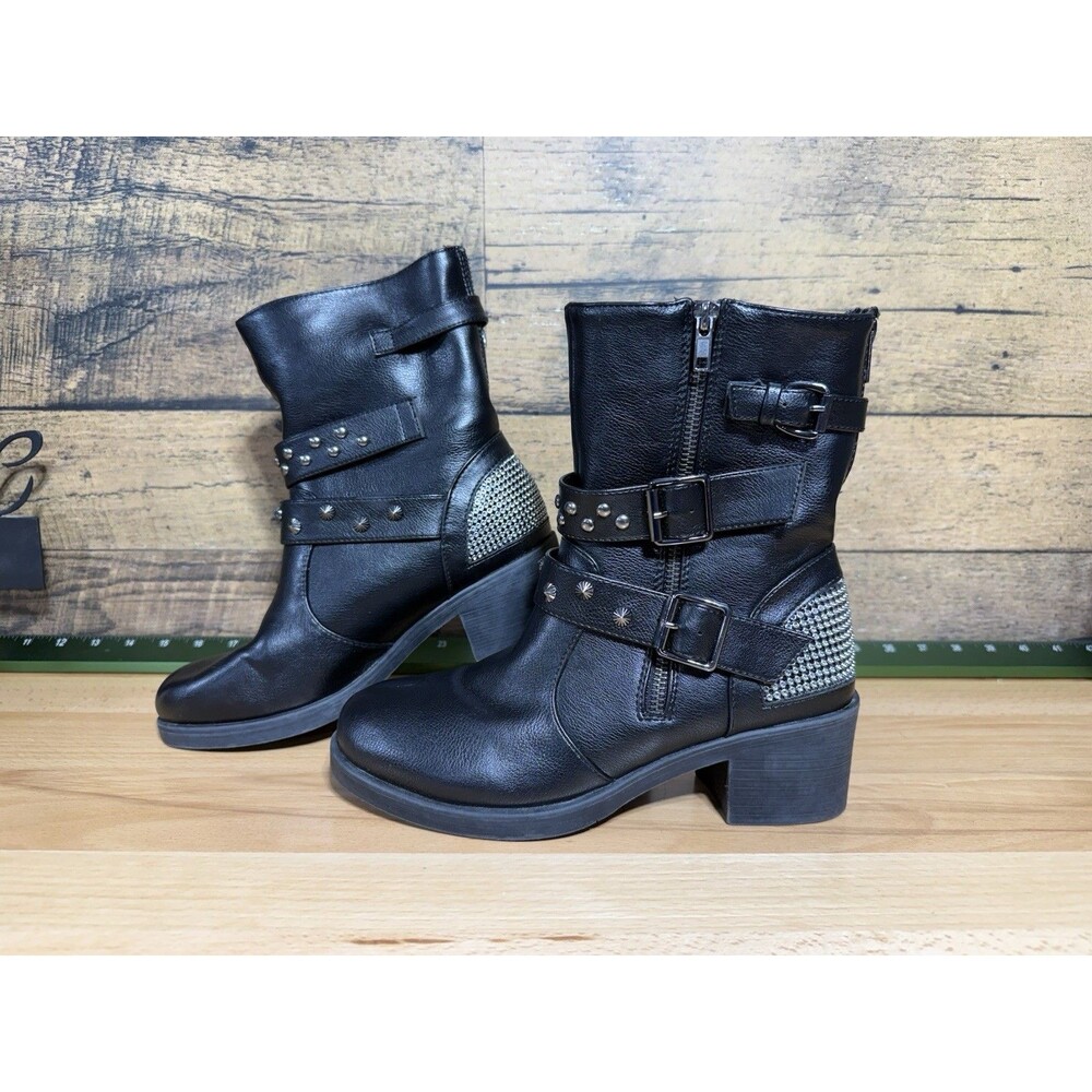 🔥RARE Milwaukee Leather Women's Black Buckle Zip Studded Riding Boots 7.5